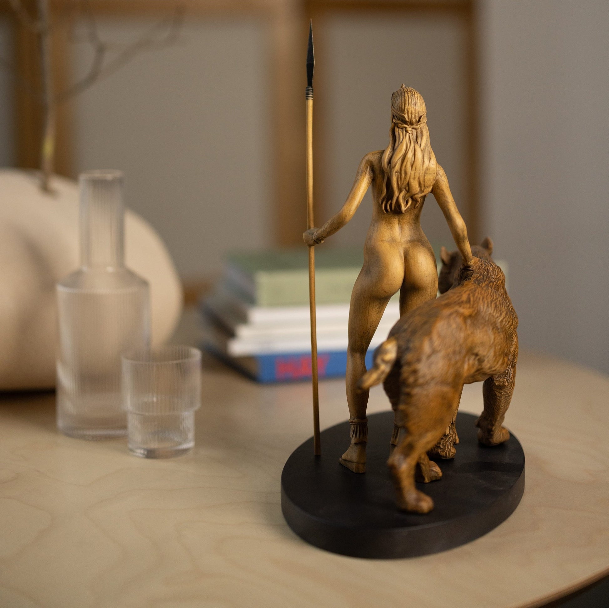 Wood sculpture Artemis with Saber Tooth Tiger Figurine, Artemis Statue Greek Mythology Sculpture