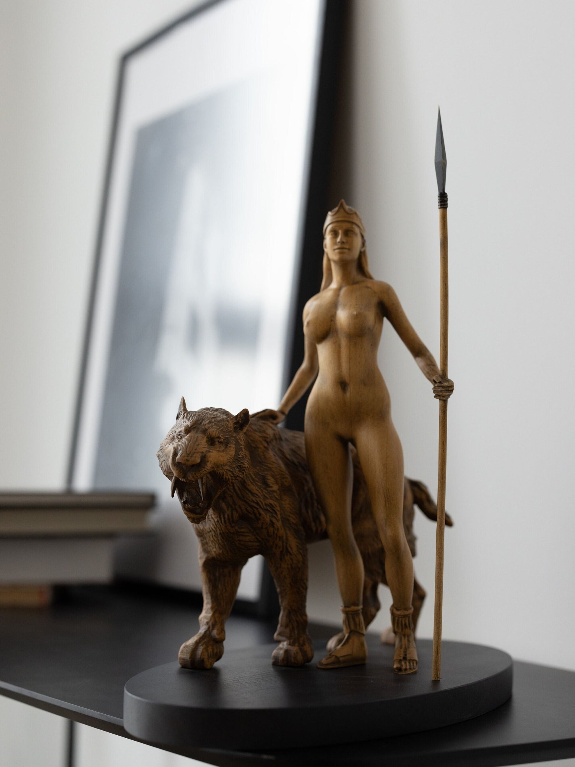 Wood sculpture Artemis with Saber Tooth Tiger Figurine, Artemis Statue Greek Mythology Sculpture