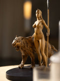 Wood sculpture Artemis with Saber Tooth Tiger Figurine, Artemis Statue Greek Mythology Sculpture