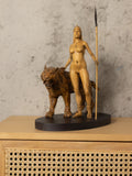 Wood sculpture Artemis with Saber Tooth Tiger Figurine, Artemis Statue Greek Mythology Sculpture