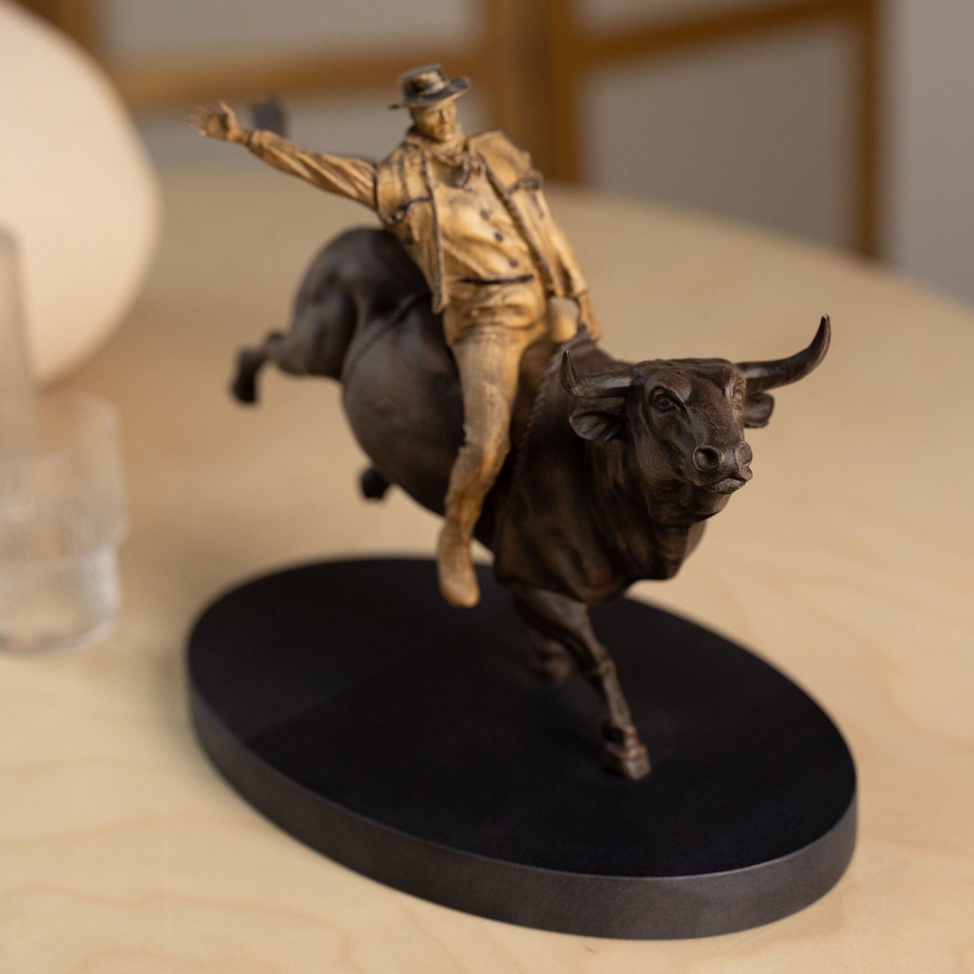 Wood Carved Cowboy Sculpture Western Decor, Wooden Statue Bull Rider, Western Sculpture Unique Gift for Husband