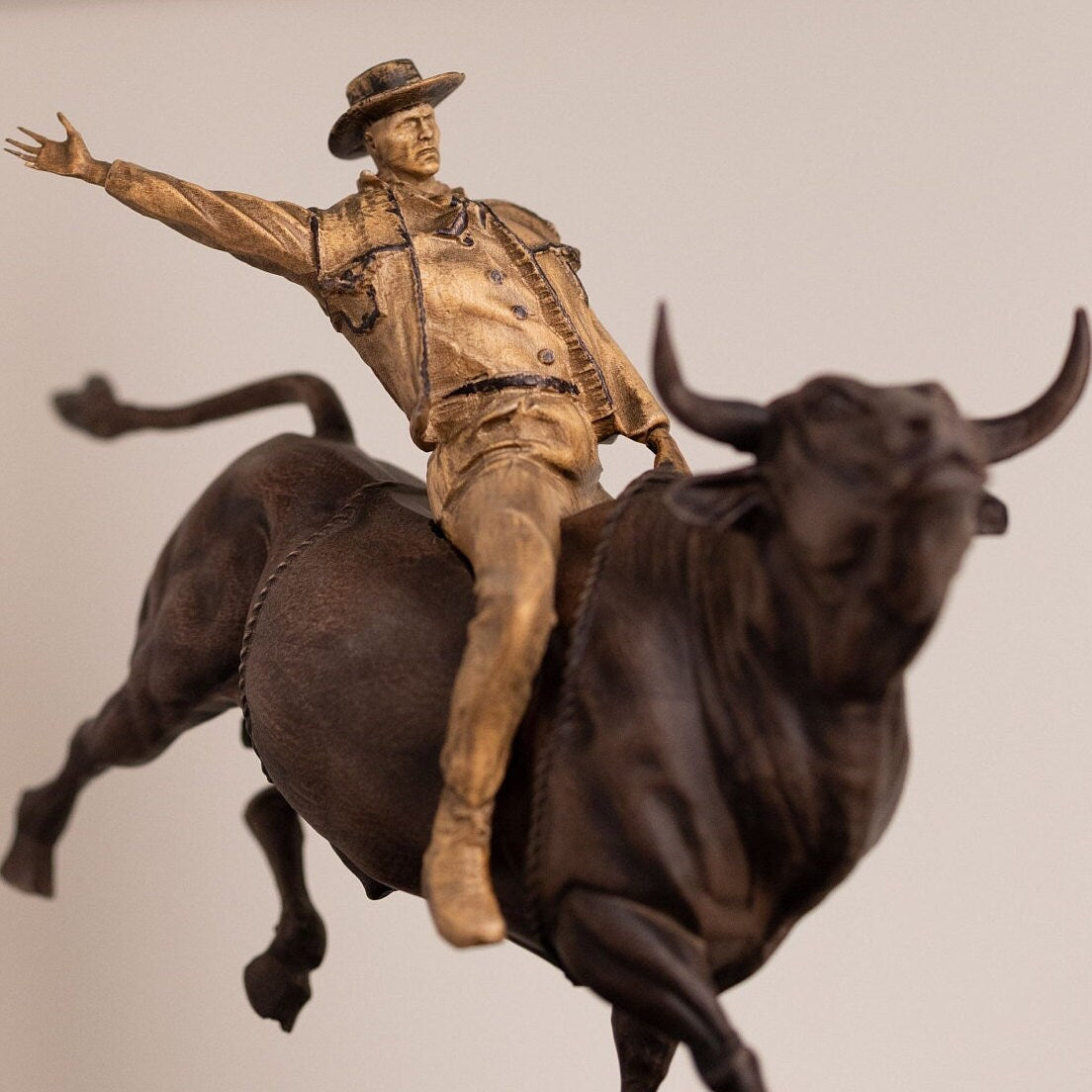 Wood Carved Cowboy Sculpture Western Decor, Wooden Statue Bull Rider, Western Sculpture Unique Gift for Husband