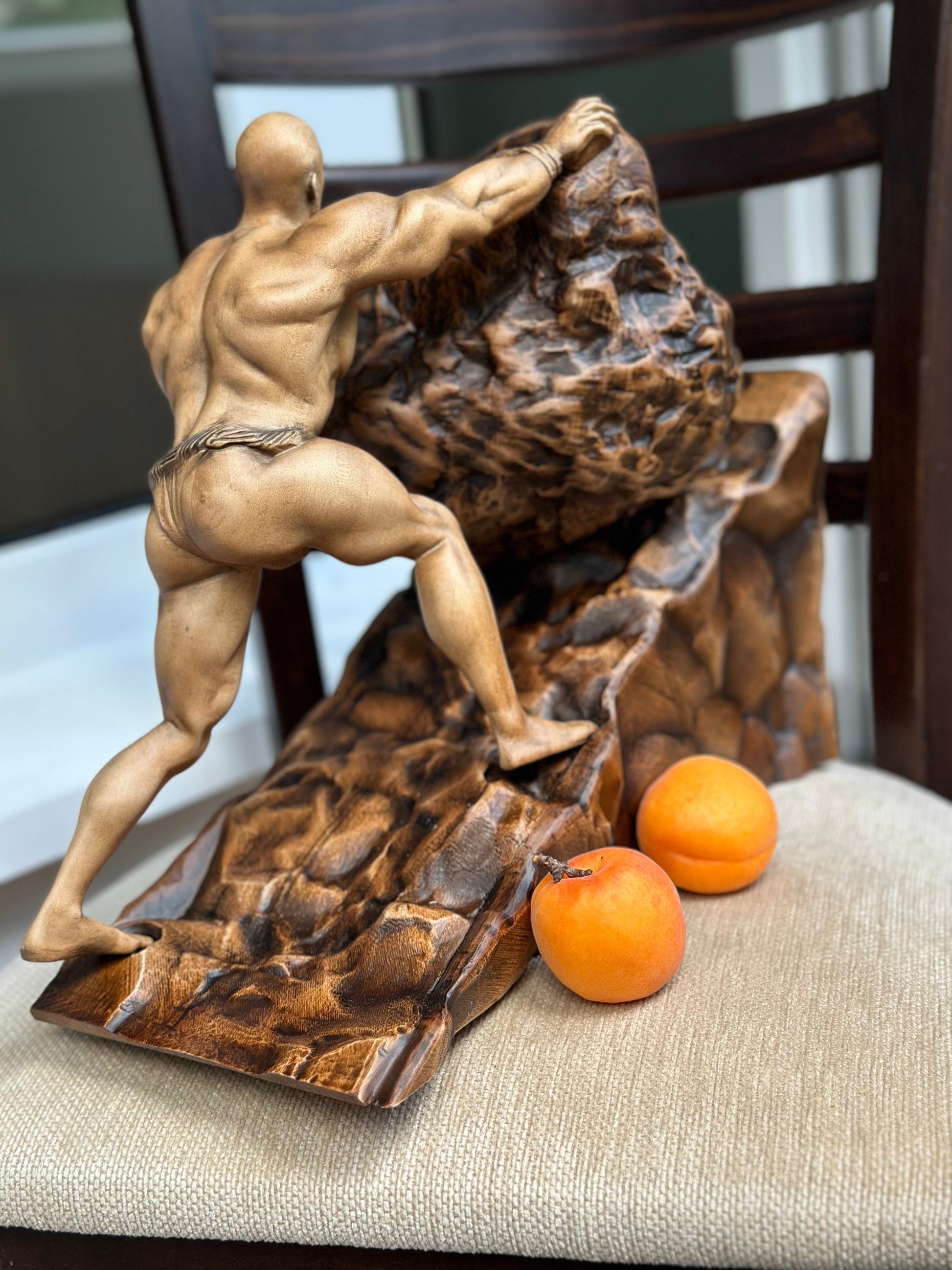 Wood Carving Ancient Greek Sisyphus Statue, Greek Mythology Sculpture Unique Wood Art Gift, Wooden