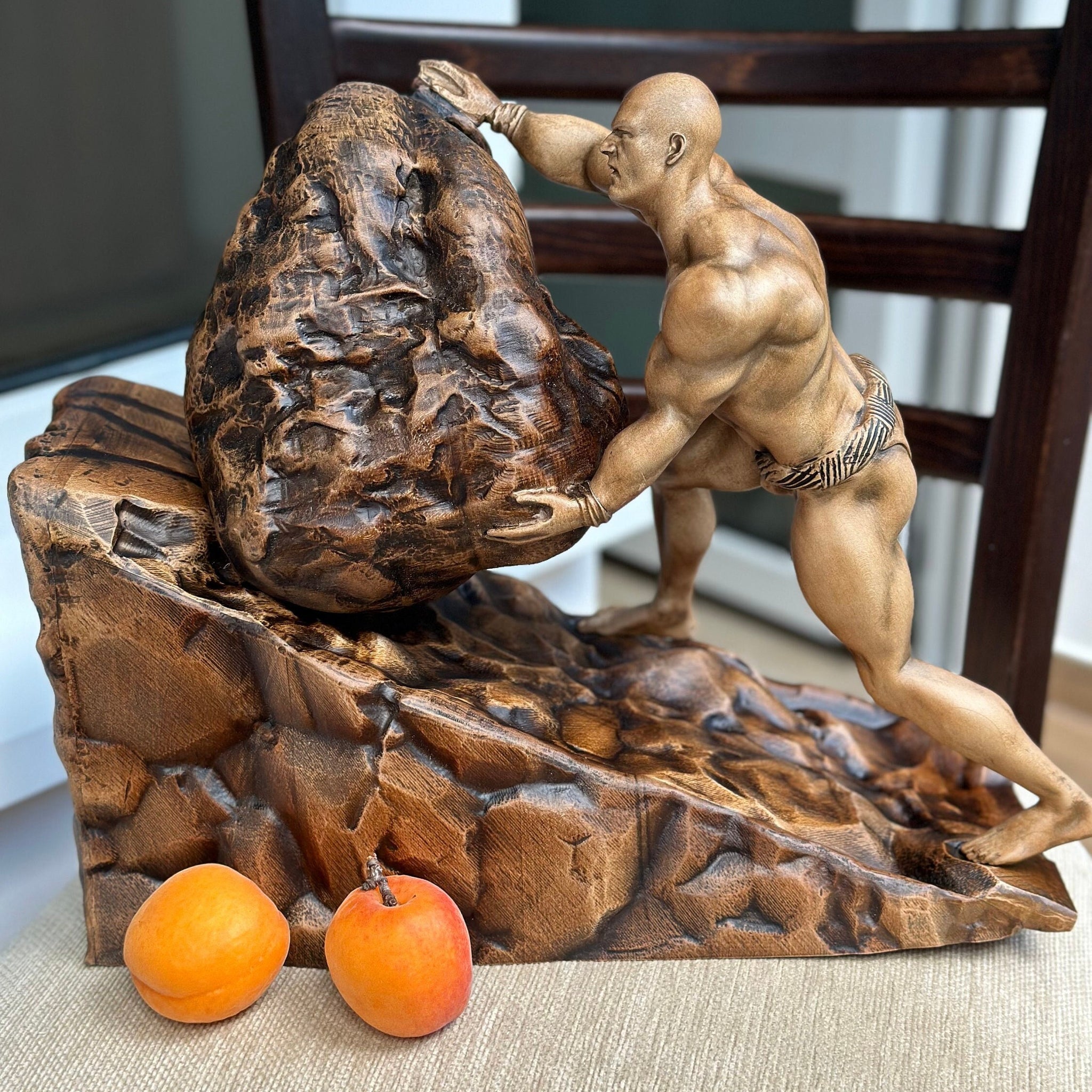 Wood Carving Ancient Greek Sisyphus Statue, Greek Mythology Sculpture Unique Wood Art Gift, Wooden