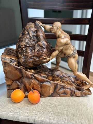 Wood Carving Ancient Greek Sisyphus Statue, Greek Mythology Sculpture Unique Wood Art Gift, Wooden