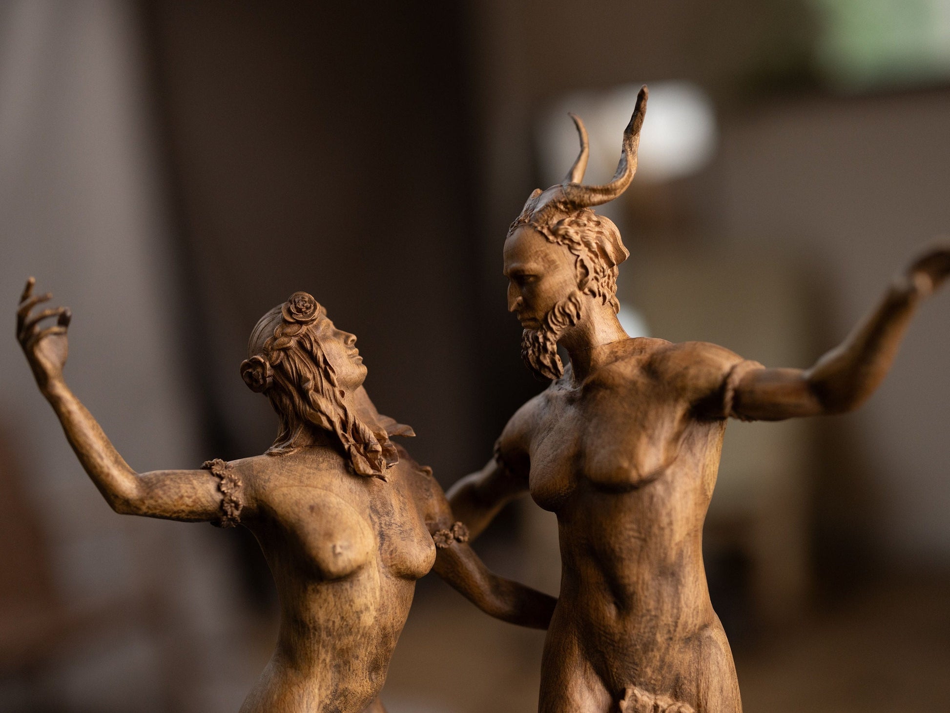 Greek Mythology Wood Sculpture Satyr and Forest Nymph, Fantasy Wood Carving Art, Wooden Table Decor for 5th Anniversary Gift