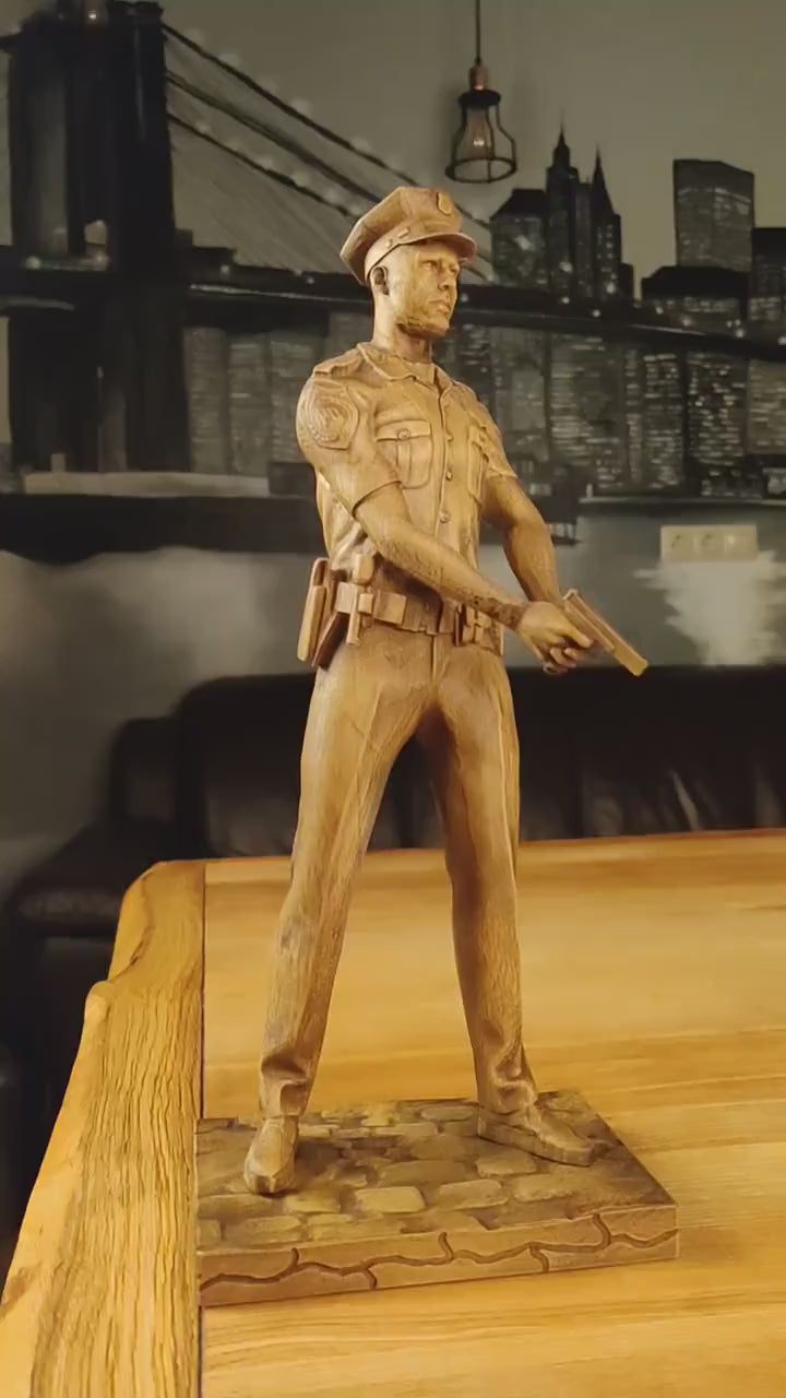 Policeman Figurine with Gun Wood Art Statuette, Table wood sculpture, Police officer gifts, Corrections officer gifts, Retirement gift