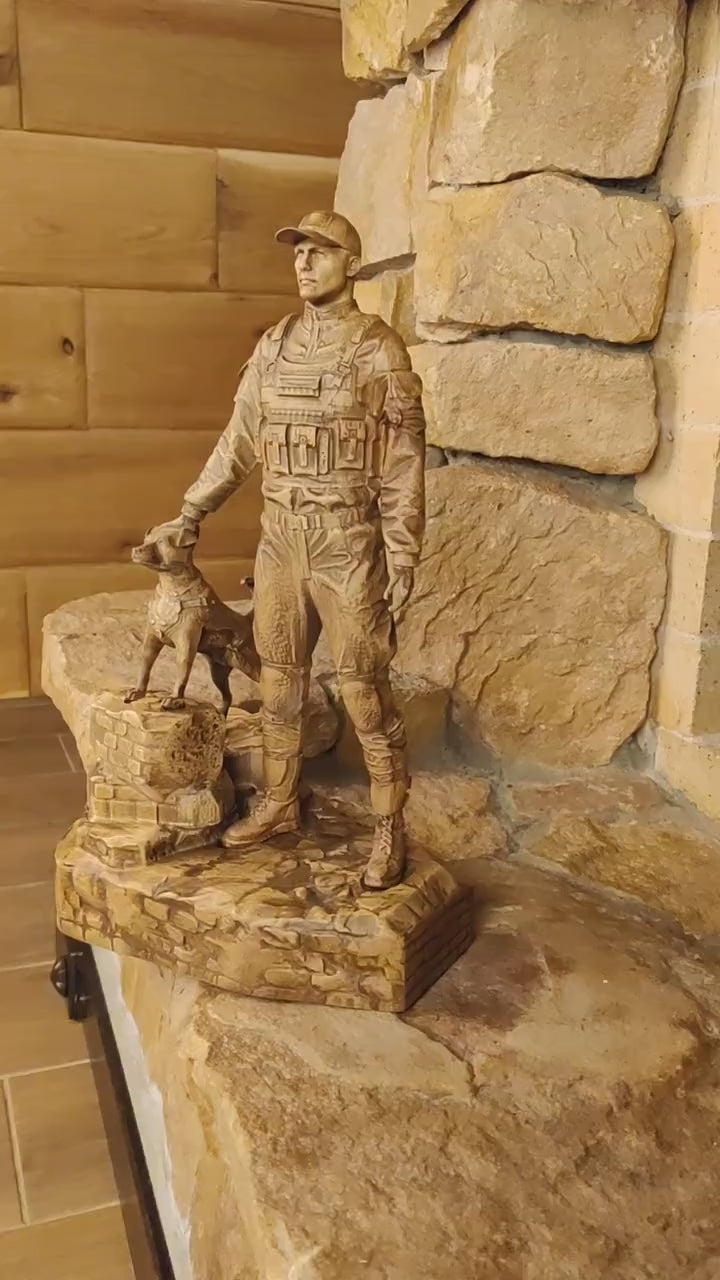 Wooden Statue an Officer with Dog, Statuette, Military Sculpture, Officer figurine, Anniversary and Birthday gift